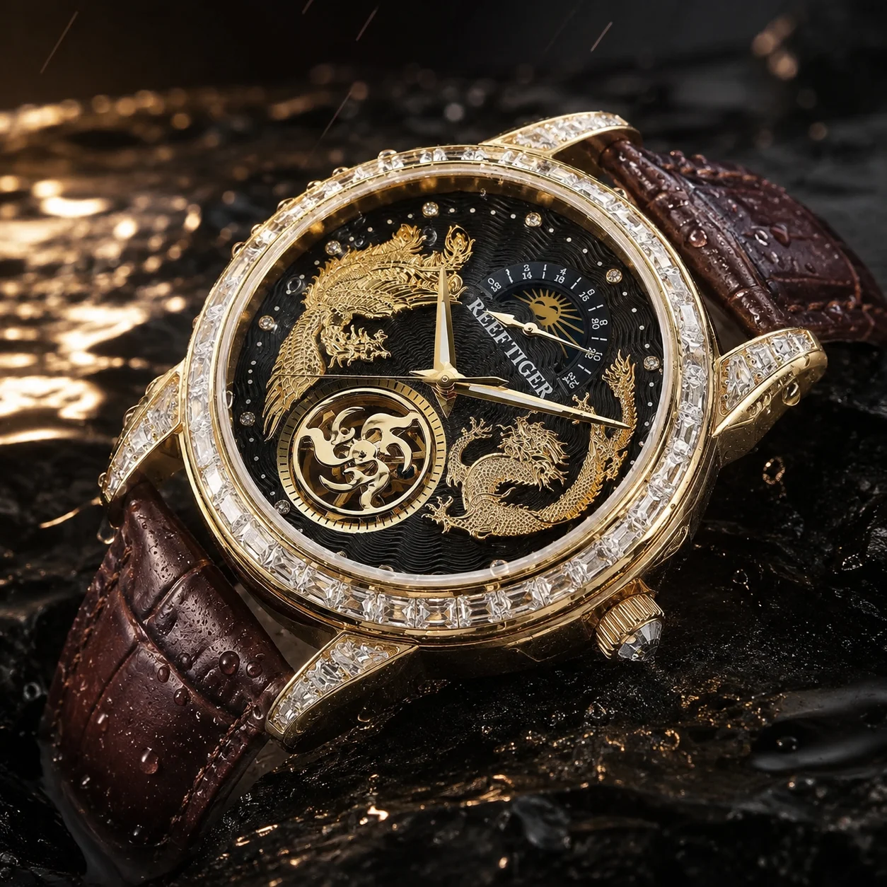 Reef Tiger Men Automatic Watch 42.7mm Mechanical Wristwatch Luminous Sapphire Mirror Flyback 24 Hours Dragon Phoenix Dial
