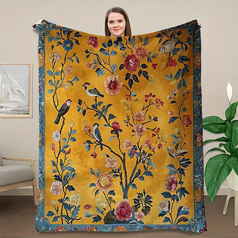 Creative Flower Tree Bird Pattern Flannel Velvet Blanket Warm and Comfortable Blanket Warm and Soft Plush Blanket Office Napping