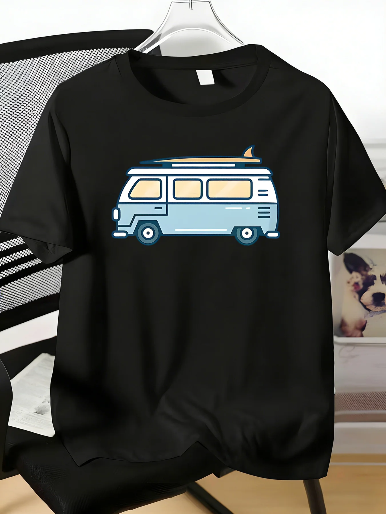 Vintage Camper Van Surfboard Print Mens Royal Blue Cotton Crew Neck Tee Road Trip Beach Surf Casual Summer Male Short Sleeve Top