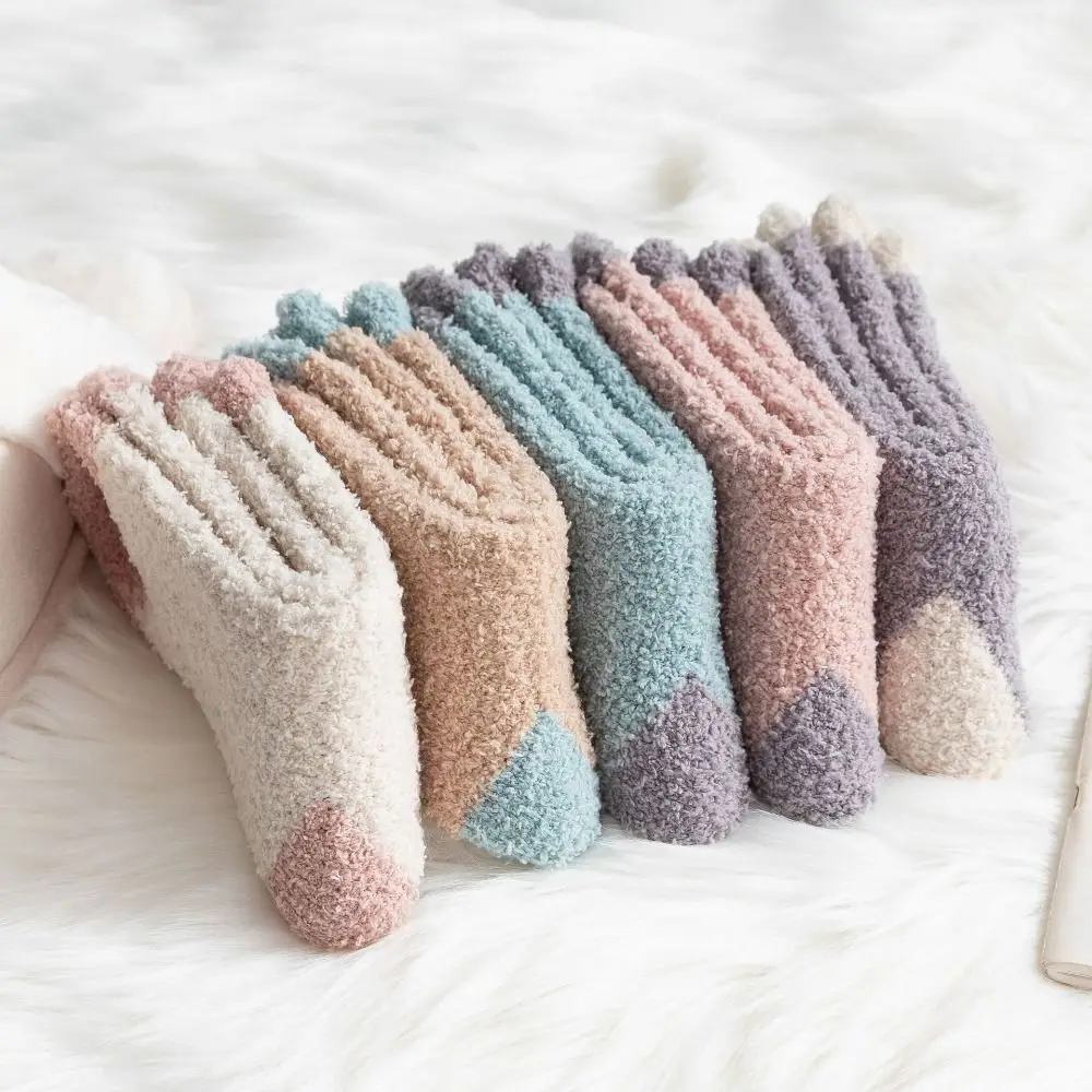 

5Pairs Cute Thickened Coral Fleece Socks Winter Sleeping Floor Socks Hosiery Patchwork Warm Boat Socks Women For Female Men