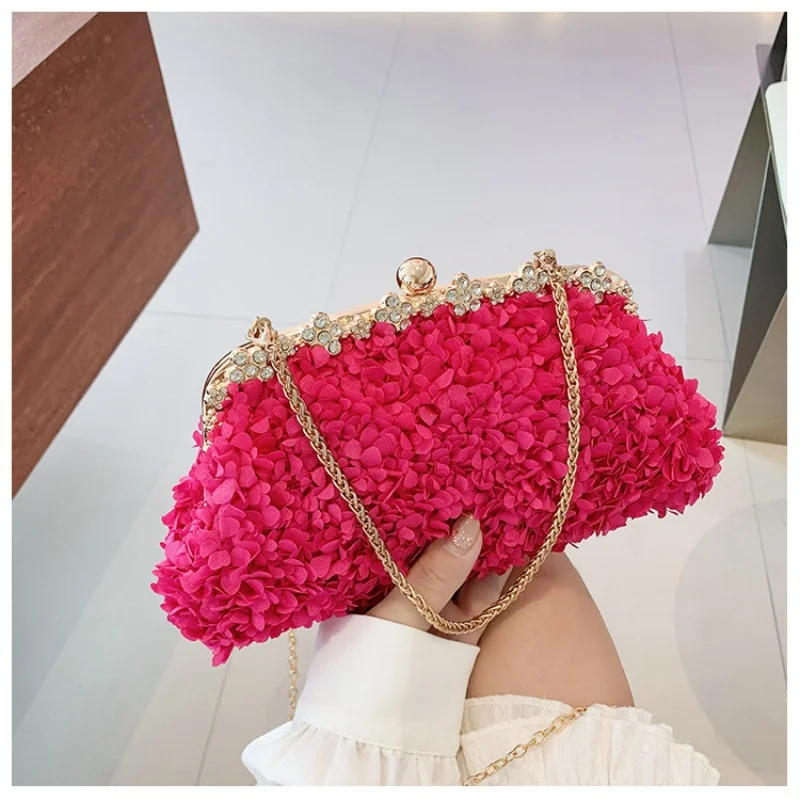 Fuchsia 3D Flower Evening Purse for Women Rhinestone Frame Kisslock Clutch Wedding Prom Party Handbag with Removable Chain Strap