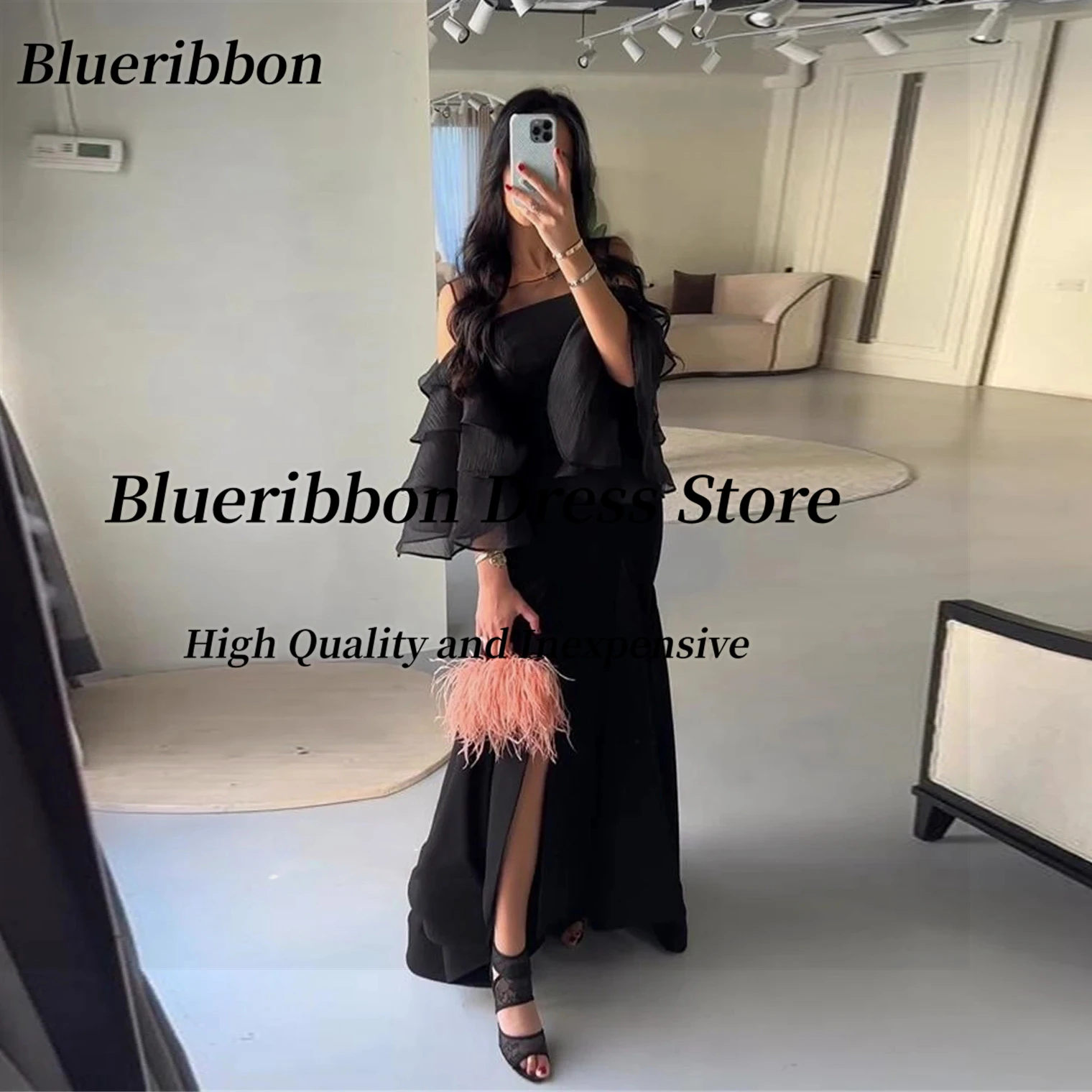 

Blueribbon Customized Sheer Neck Prom Dresses Tiered Sleeves Cocktail Party Women Wear Side Slit Black Evening Gowns