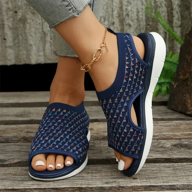 Summer New Women Sandals Knitted Flat Bottom Elastic Knit Shoes Lightweight Soft Sole Anti Slip Casual Sports Sandals Size 43