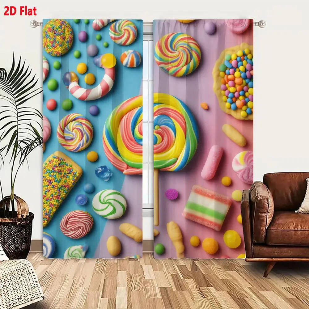 2Pcs Curtains 2D Flat Colorful Candies Sweets Arrangement With Large Multicolored Lollipop Wooden Stick Yellow Cookies Rainbow S