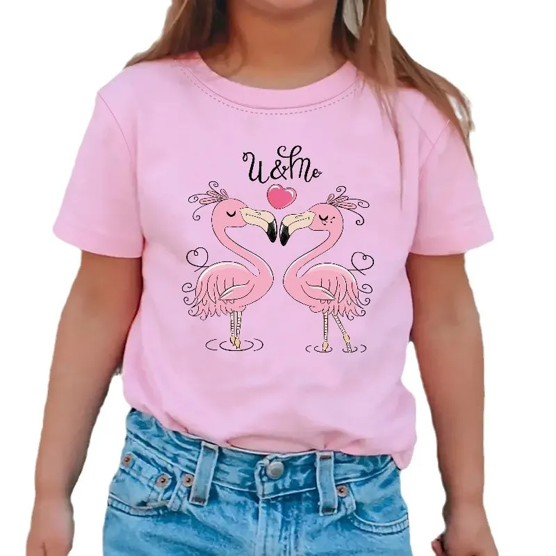 Girls' Cartoon Flamingo Print Short Sleeve T-shirt Casual Summer Dress Kids Clothes