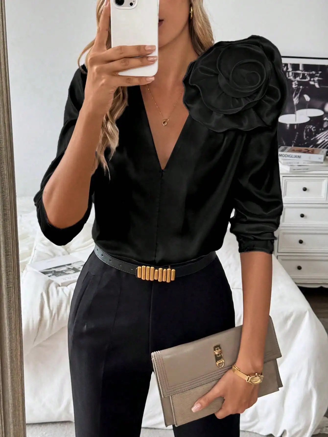 

Three-dimensional floral V-neck Shoulder pleated long sleeves clean satin shirt