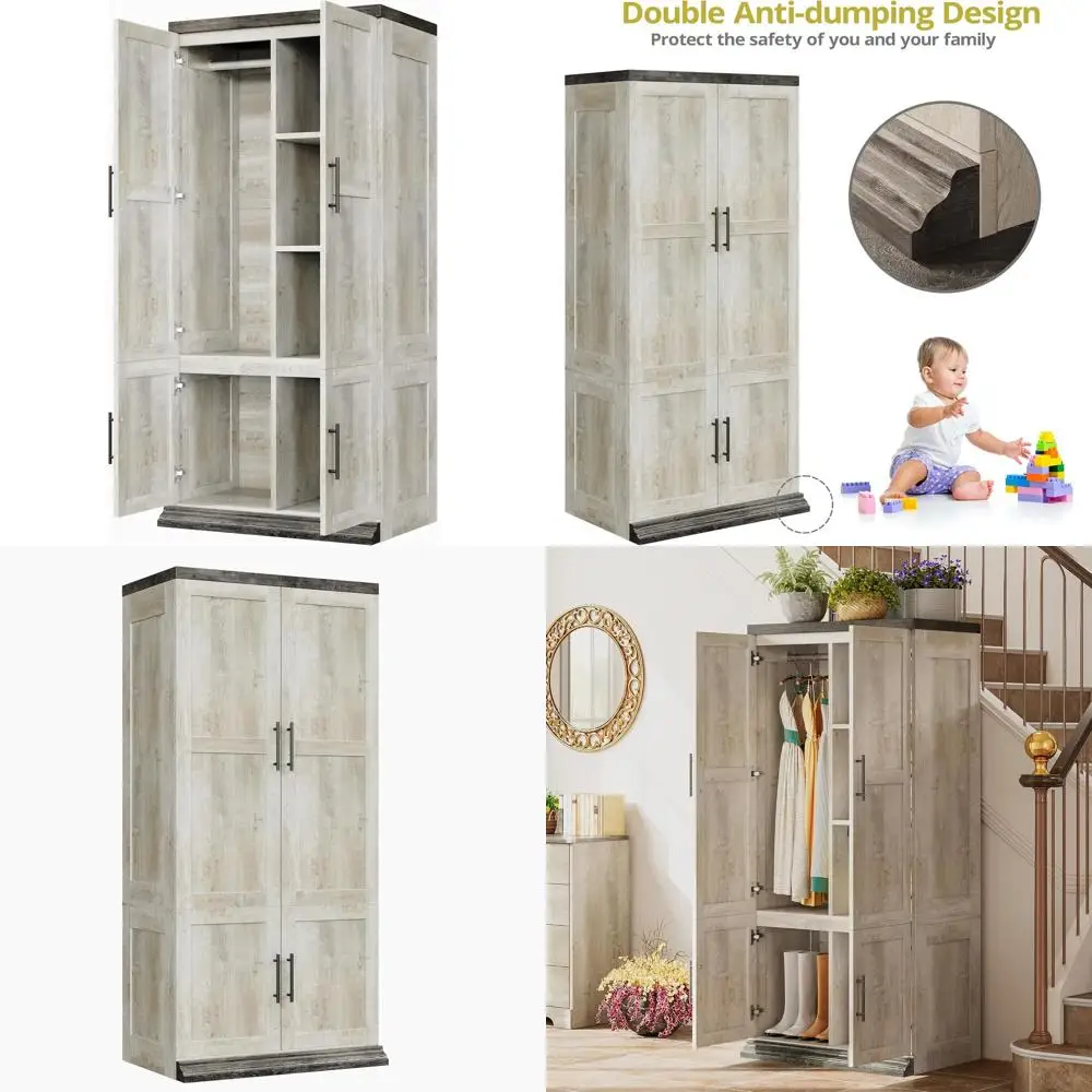 Rustic White Wooden Tall Wardrobe with Hanging Rod and 2 Doors for Bedroom Storage