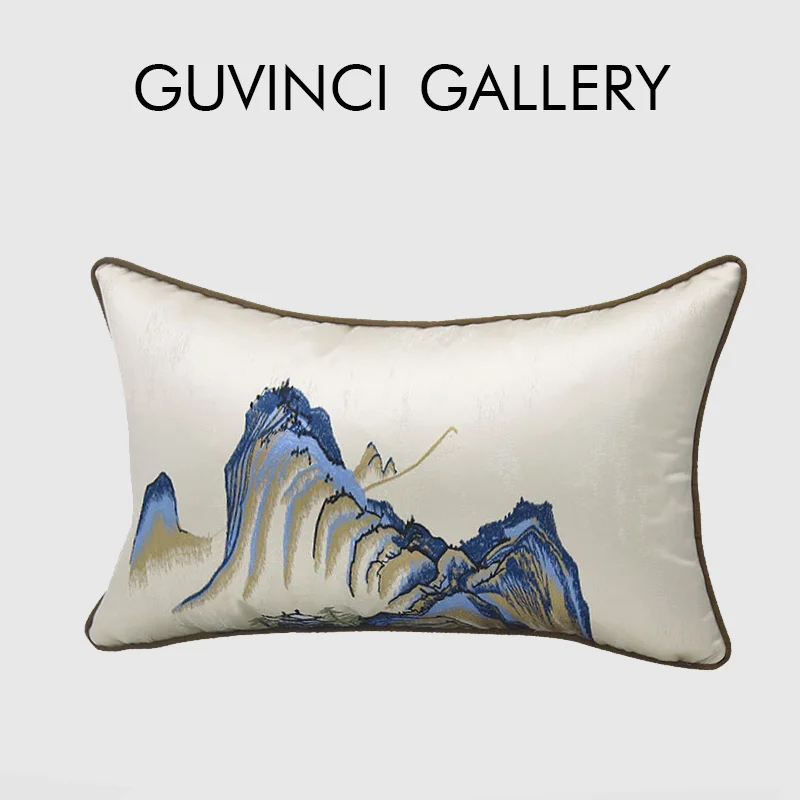 GUVINCI Chinoiserie Lumbar Pillow Cover Chinese Ancient Art Painting Landscape Mountains Embroidered Cushion Case For Couch Sofa