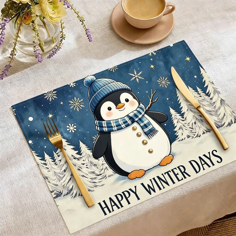 VIKAMA Linen Placemats Penguin Snowflakes Red White, Stain Resistant Easy to Clean, Dining Table Holiday Party Decor
