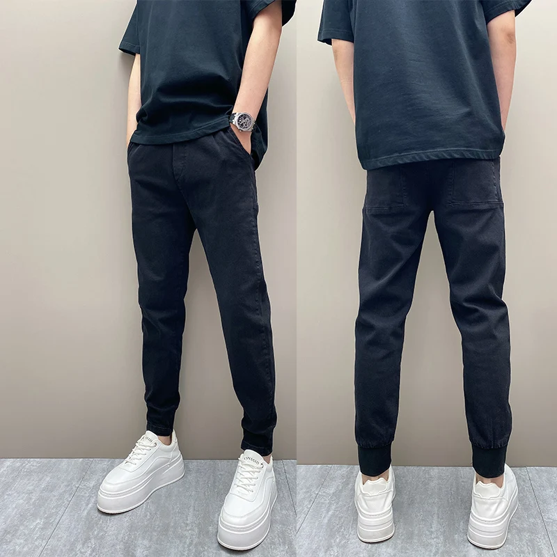 

Men's Slim Fit Fce Lined Thiened Casual Jeans Bla Autumn Winter Trendy Brand Korean Sle Cuffed Pants mid Waist