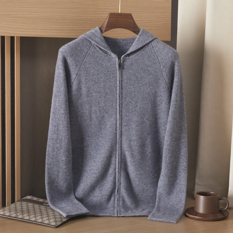 Cashmere Wool Zipper Men's Hooded Collar Large Size Knit Coat Fashion Loose Thicken Jacket Autumn Youth Cashmere Hoodie N3014047