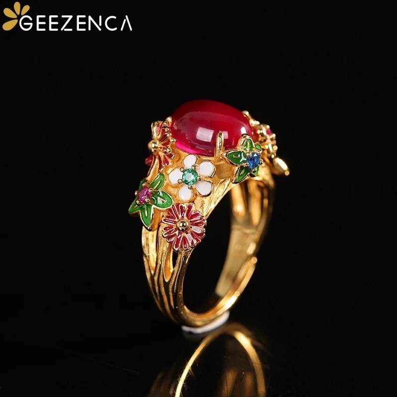 GEEZENCA 925 Sterling Silver Gold Plated Red Corundum Women Statement Ring Colored Enamel Vintage Adjustable Rings Dainty Gift
