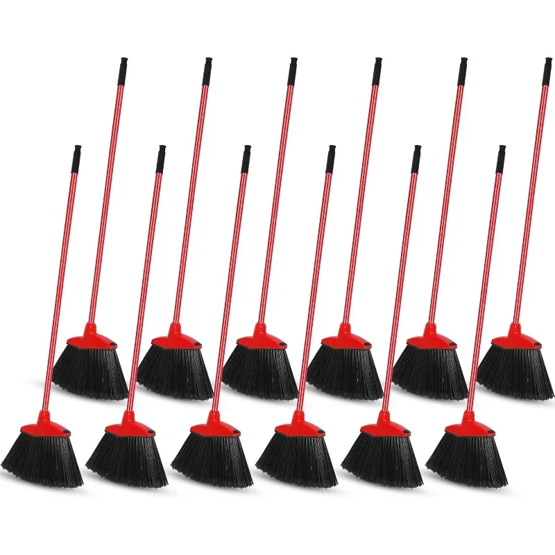 12 Pcs Heavy Duty Broom Bulk  Handle Black Broom for Garage Courtyard Patio Lobby Mall Market Shop Sidewalk Floor (Red)