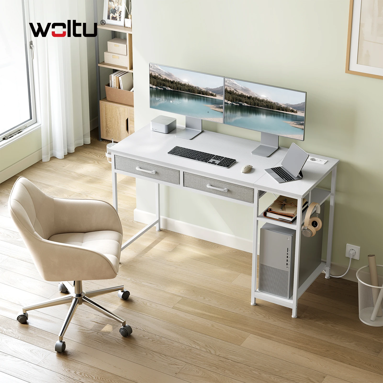 WOLTU Büroschreibtische, Computertisch mit 2 Schubladen, 2 Steckdosen, Kopfhörerhaken, Gaming-Schreibtisch für Büro, Wohnzimmer, Laptop, Bücher