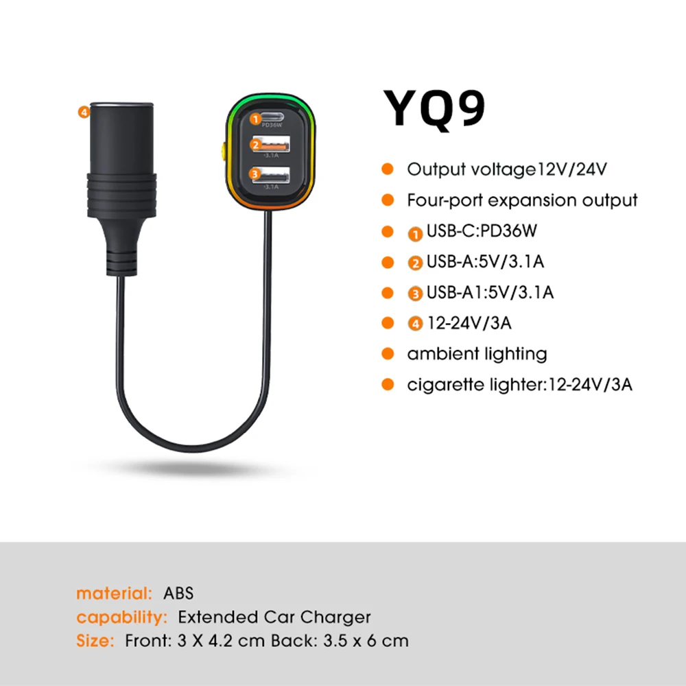 شاحن سيارة جديد خلفي من النوع C تمديد PD QC3.0 شحن الهاتف المحمول واجهة USB متعددة الوظائف شحن سريع للغاية