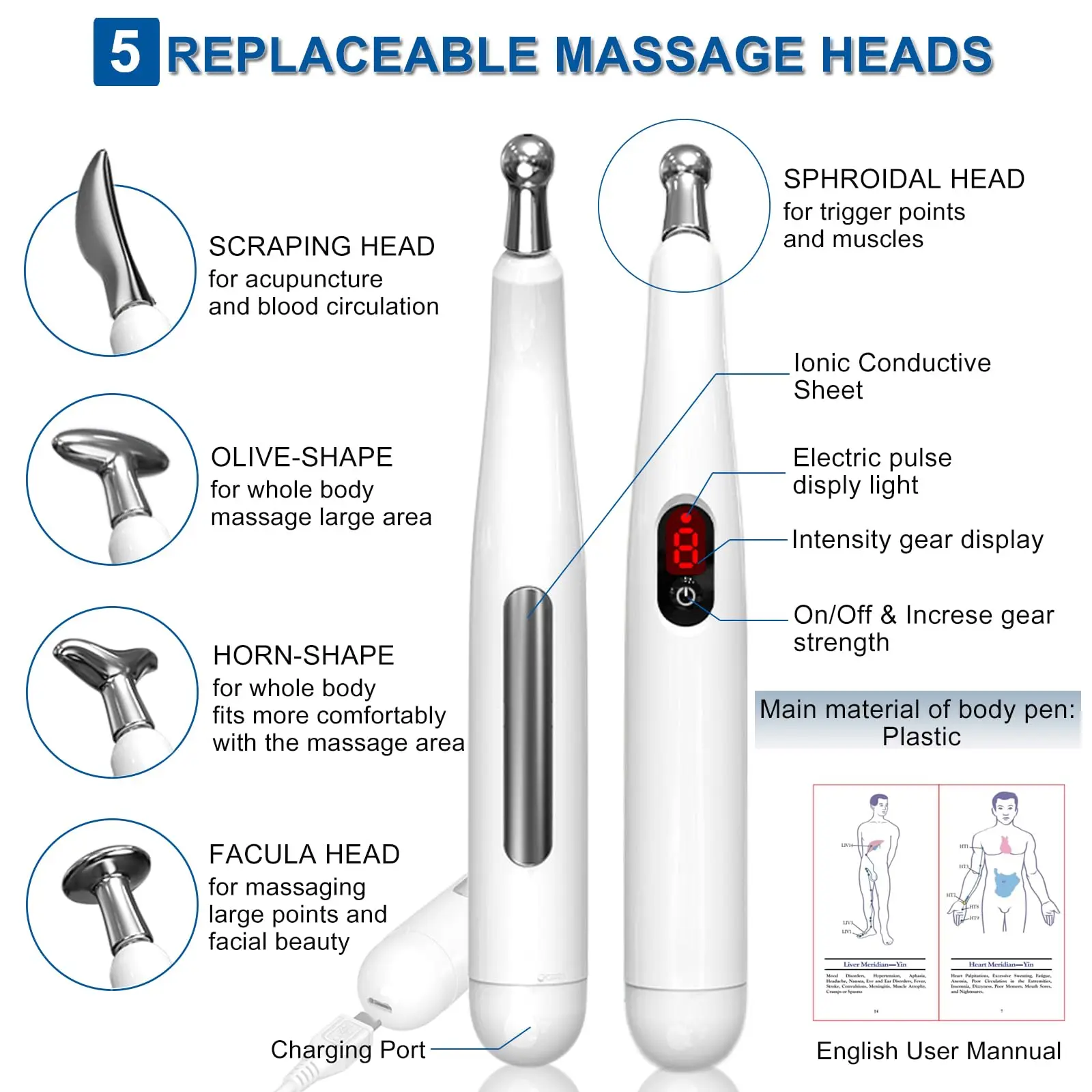 قلم العلاج بالابر الكهربائي القابل لإعادة الشحن - 5 رؤوس قابلة للتبديل لتخفيف آلام العضلات والتعب، أداة تدليك الوجه والجسم