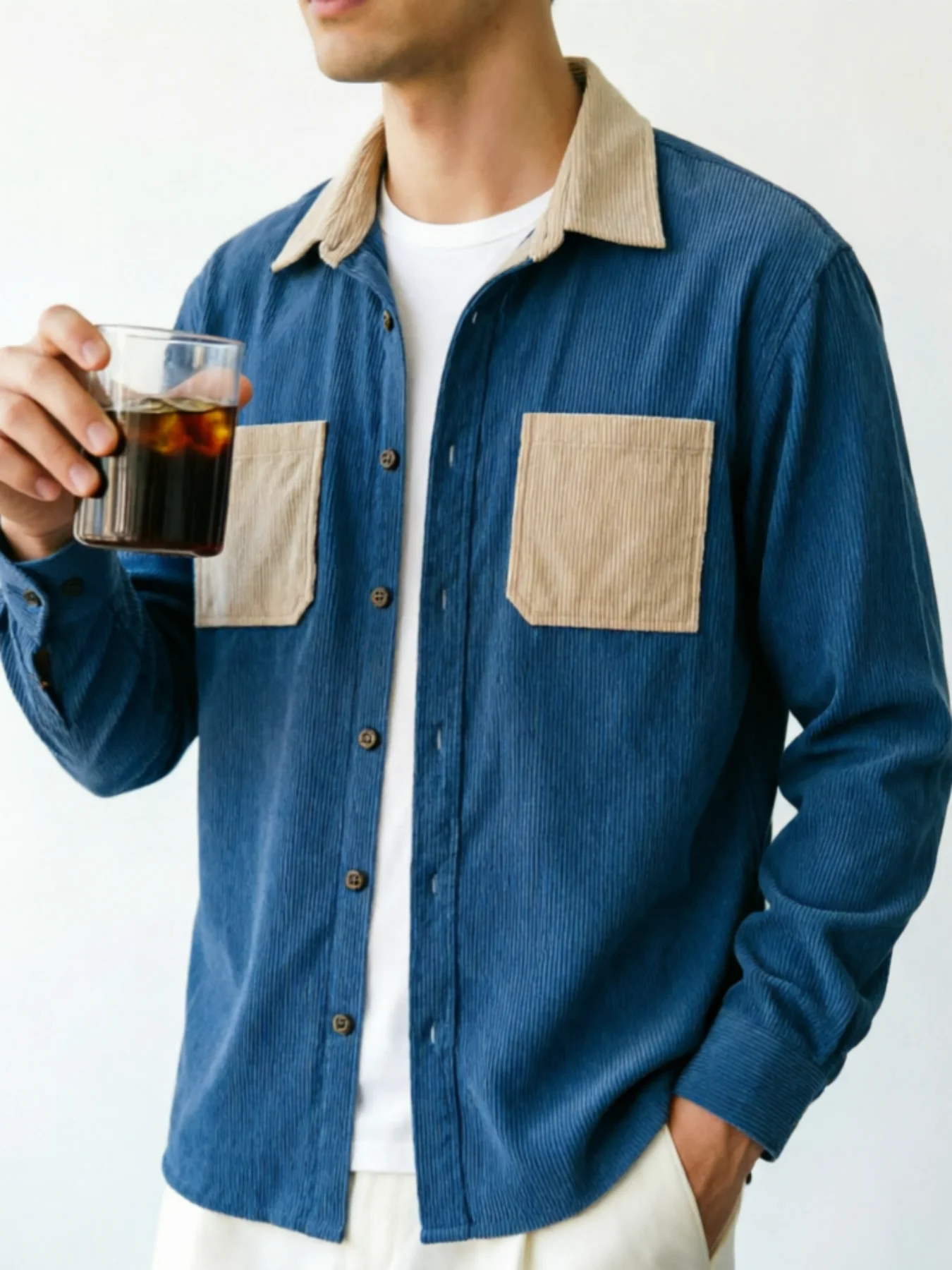 Men's Vintage Corduroy Shirt Jacket: Color-block Collar and Pocket Design, Loose Fit Comfortable and Versatile