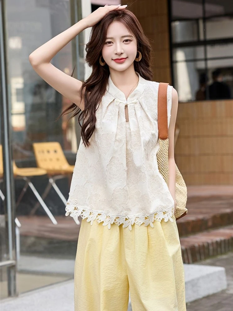 Women Summer New Chinese Style Sleeveless Set Complete Outfit With Wide Leg Pants 2026 New Arrival Trendy Hot Youth Boosting