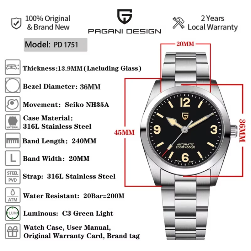 2024 New PAGANI DESIGN Automatic Mechanical Men's Watch NH35 PD1751 Stainless Steel Sapphire waterproof 20Bar relogios masculino