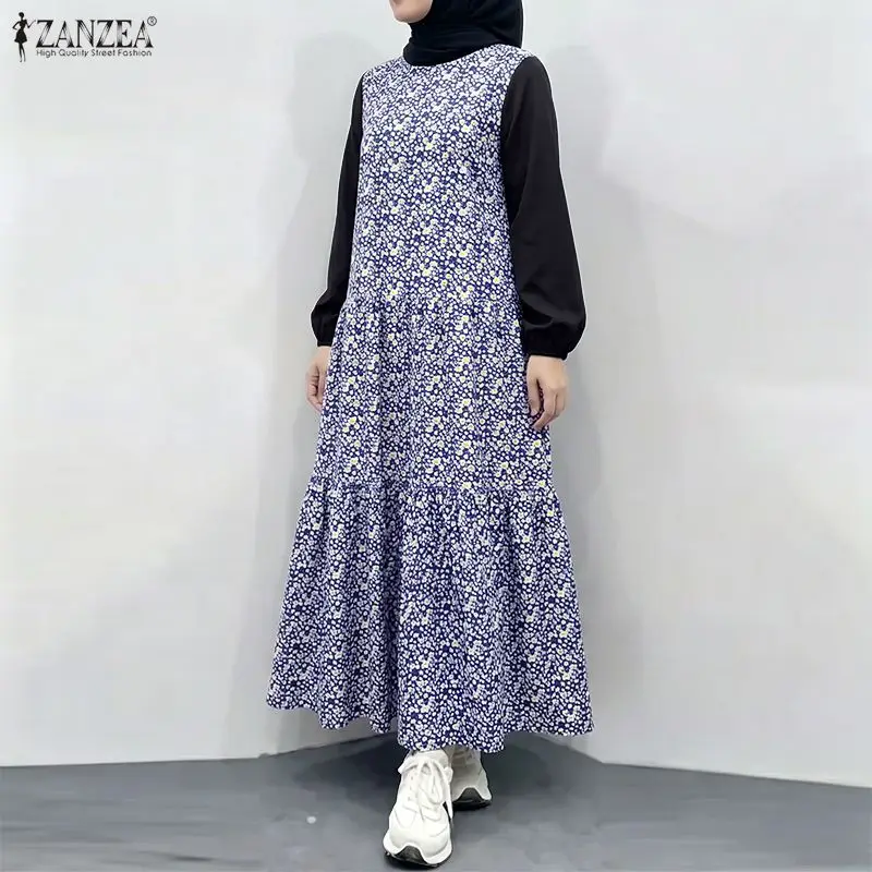 

ZANZEA Muslim Women Maxi Dress Modest O-Neck Lantern Sleeve Floral Print Contrast-Color Abaya Robes Hijabis Islamic Eid Clothing