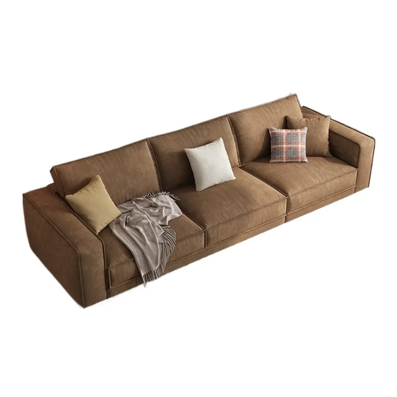 

Cotton and linen sofa tofu cubes cream wind, living room, small apartment, straight row four person fabric sofa