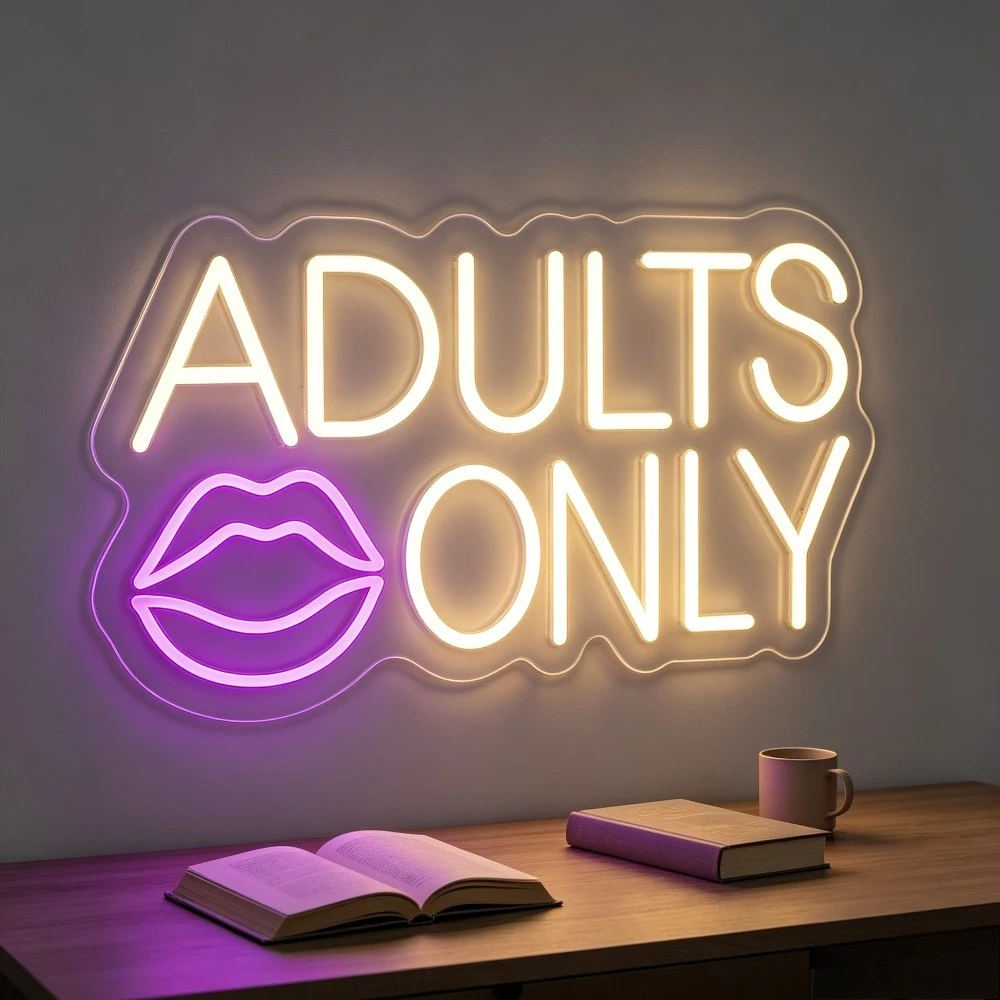 Adults Only Neon Sign LED USB Reusable Lip Print Design Night Light for Bar Pub Home Party Adult Themed Decor Indoor Wall Art