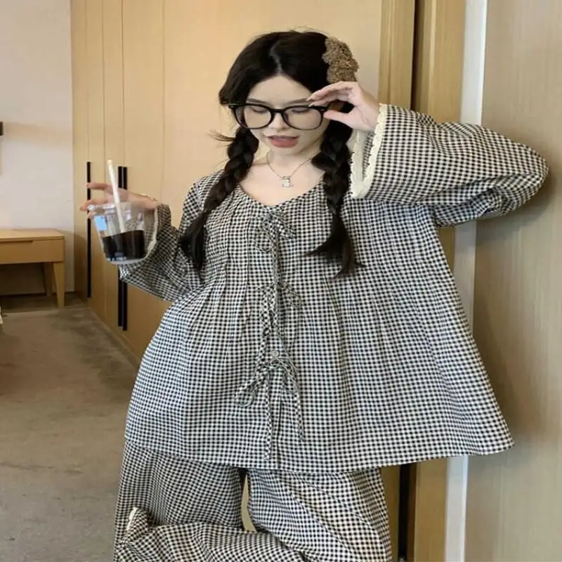 

Клетчатый повседневный женский пижамный комплект с круглым вырезом, домашний пижамный комплект, осенне-зимний плотный комплект одежды для сна, мягкий пижамный комплект