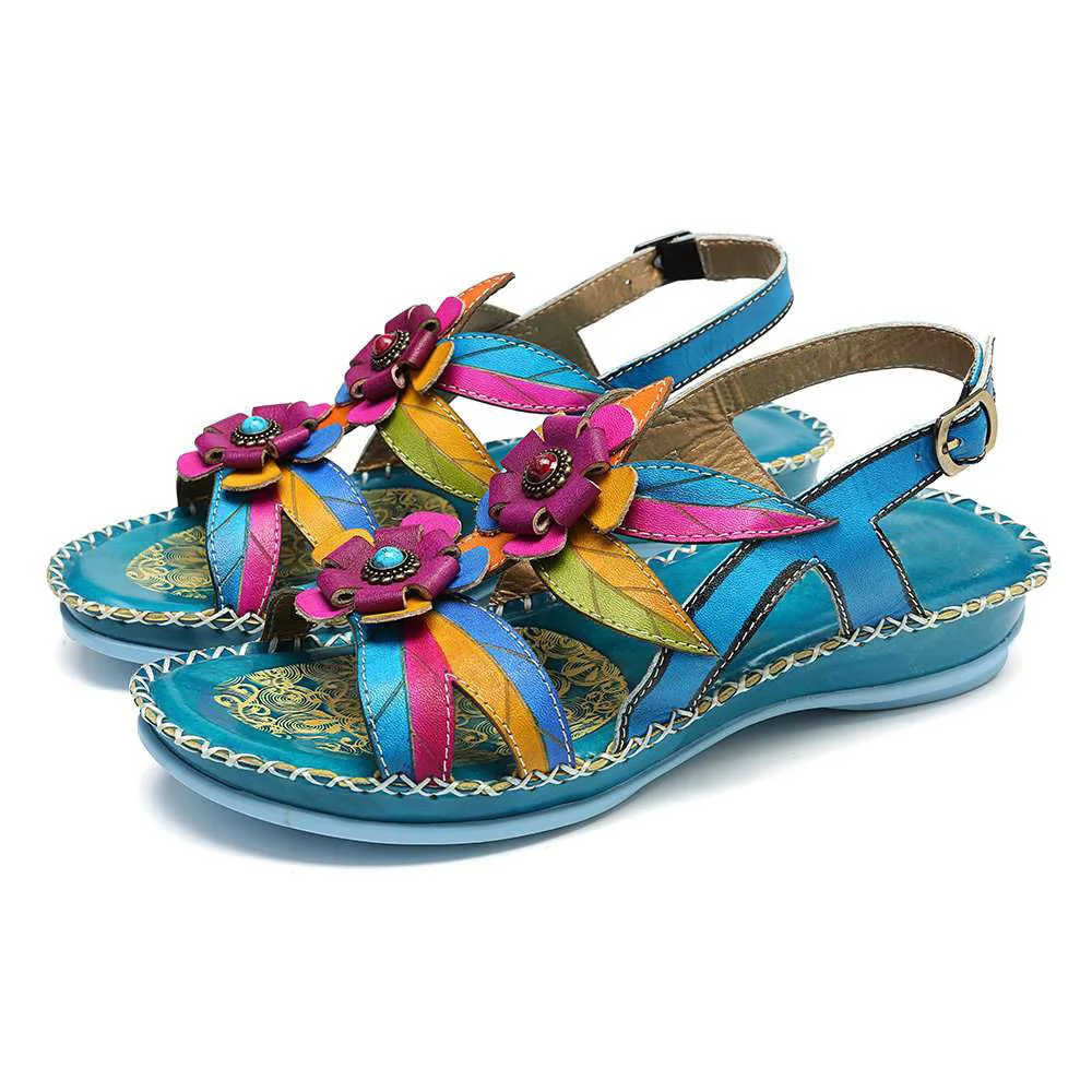 Socofy Raffan Vintage Leather Women's Sandals Floral Ethnic Sandals