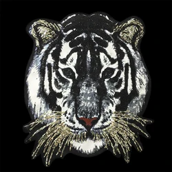 1Pc White Tiger Head Patches Sequin Badge Patch Applique Sew on T-shirt Jackets Coats
