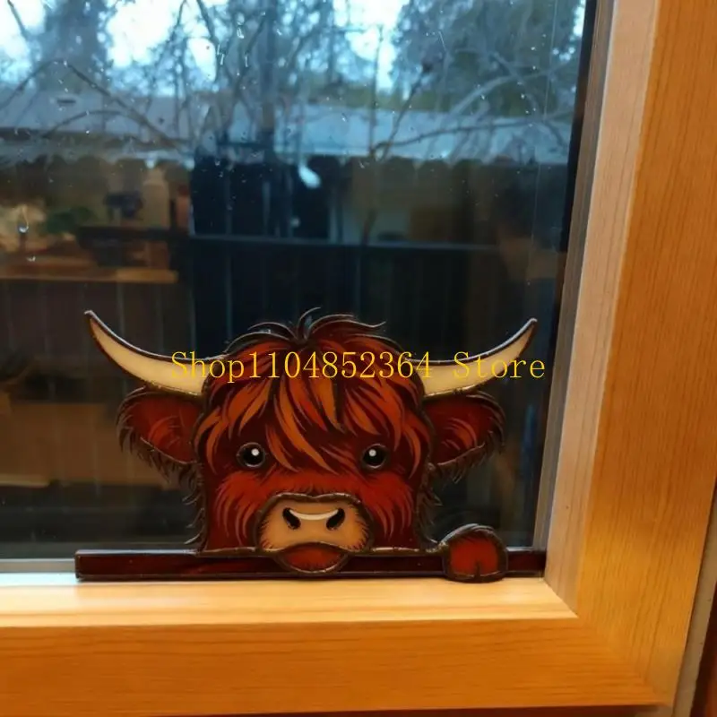 652F Funny Peeping Highlands Cow Window Decors Animal Art Decors for Shelf Mantel