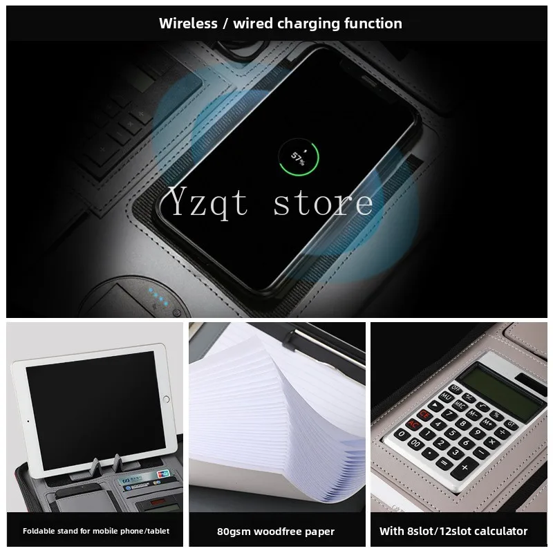 Custom Multifunction Folder Wireless Charging Notebook with Calculator A4 Business Power Loose-leaf Manager Folder