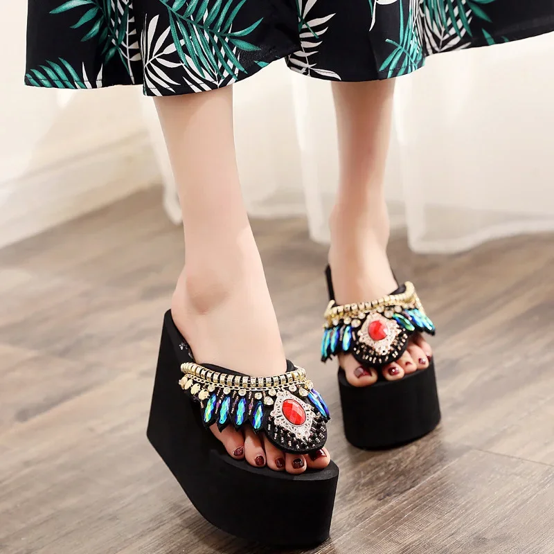 YAERNI Platform Slippers Flip-Flops Women Wedge Rhinestone Beach Super High Heel 11CM Slippers For Women Bohemian ShoesPlus Size