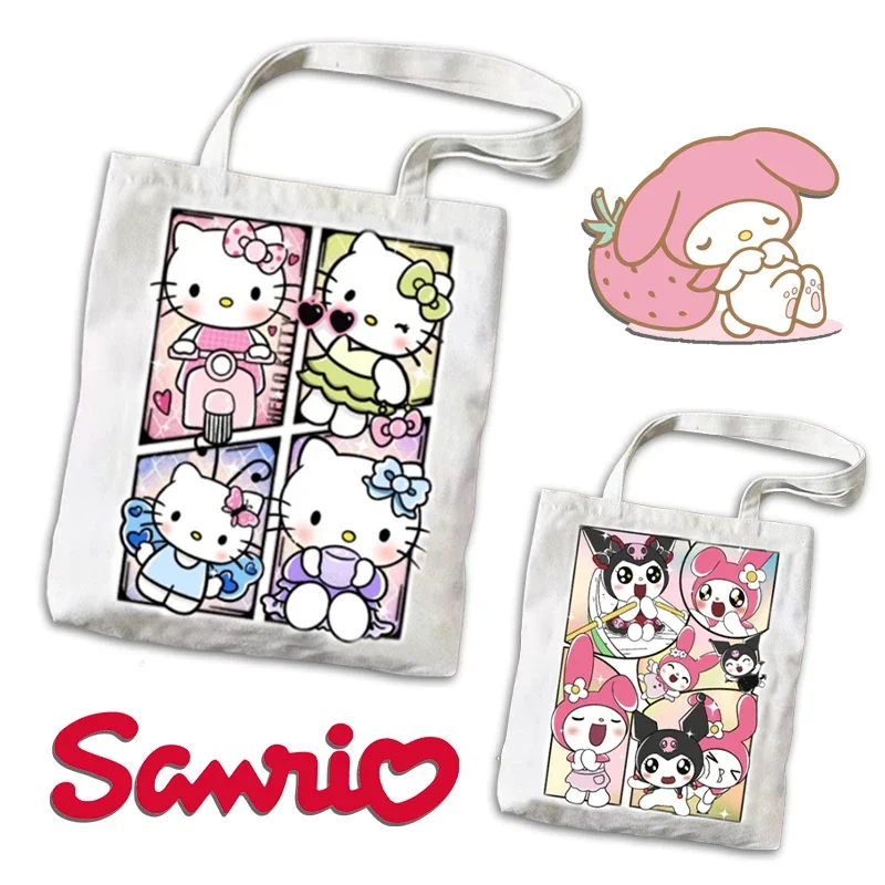 

Sanrio Hello Kitty Handbag Canvas Shoulder Bag Kawaii Anime Kuromi Melody Cinnamoroll Keroppi 35x40cm Women Casual Shopping Bags