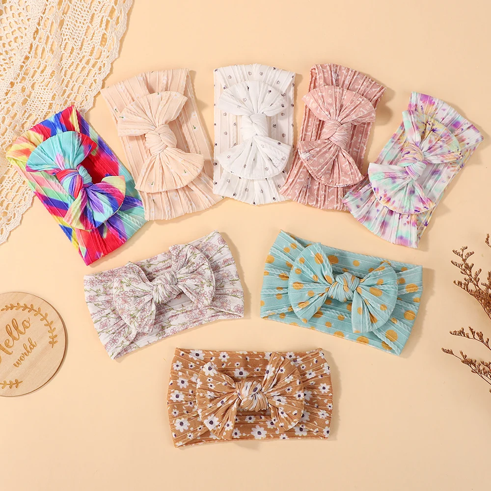 8PCS Random Color Baby Headband Girls Elastic Children Turban Baby Bows Soft Nylon Printing Kids Headwear Kids Accessories
