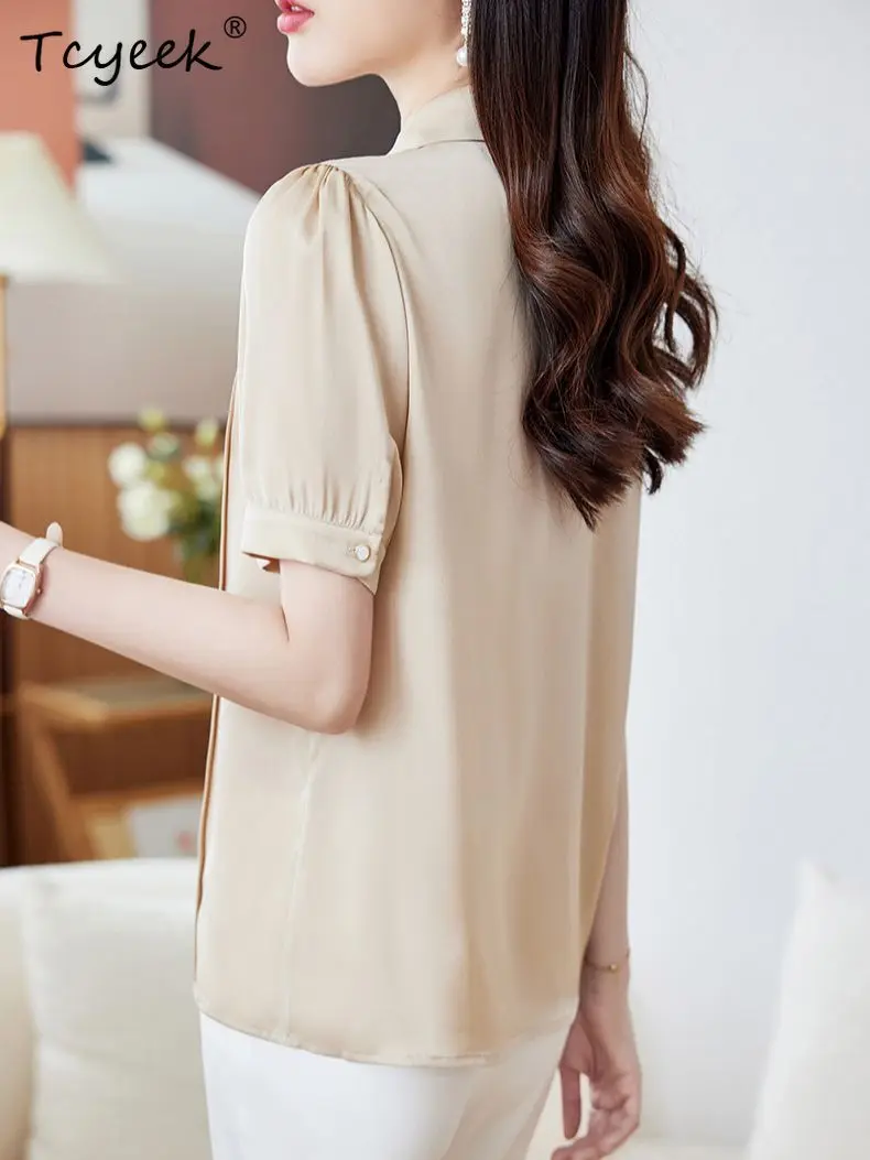 

Tcyeek, 90%Natural Silk Elegant Shirt, Women Short Sleeve Solid Color, Commute Versatile Blouses, 2024 Summer Autumn T47586QM