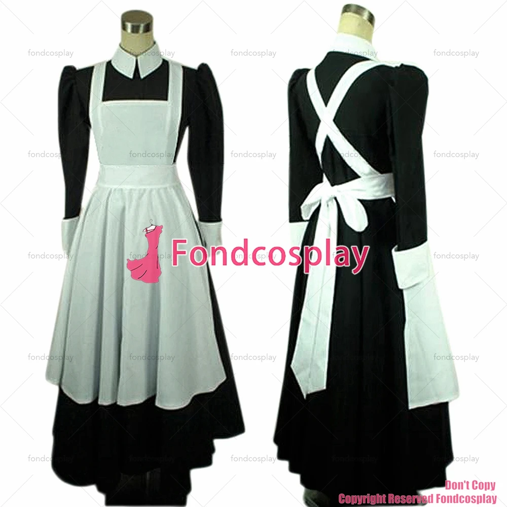 

fondcosplay adult sexy cross dressing sissy maid long black Cotton Lockable Dress Uniform white apron Costume CD/TV[CK641]