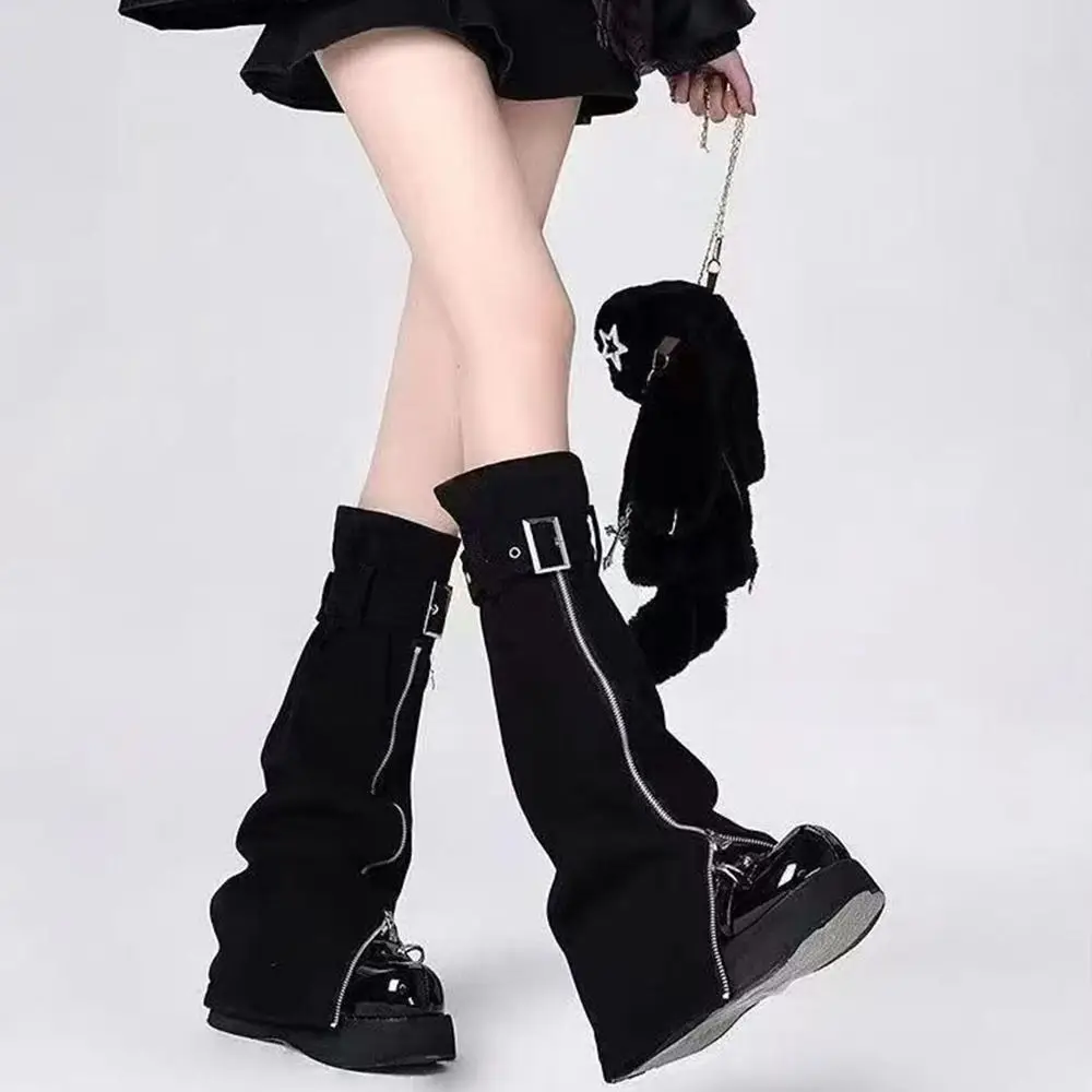 Aesthetic Black Leg Warmers PU Denim Zippered Flared Leg Thigh Harness Strap High Socks Women