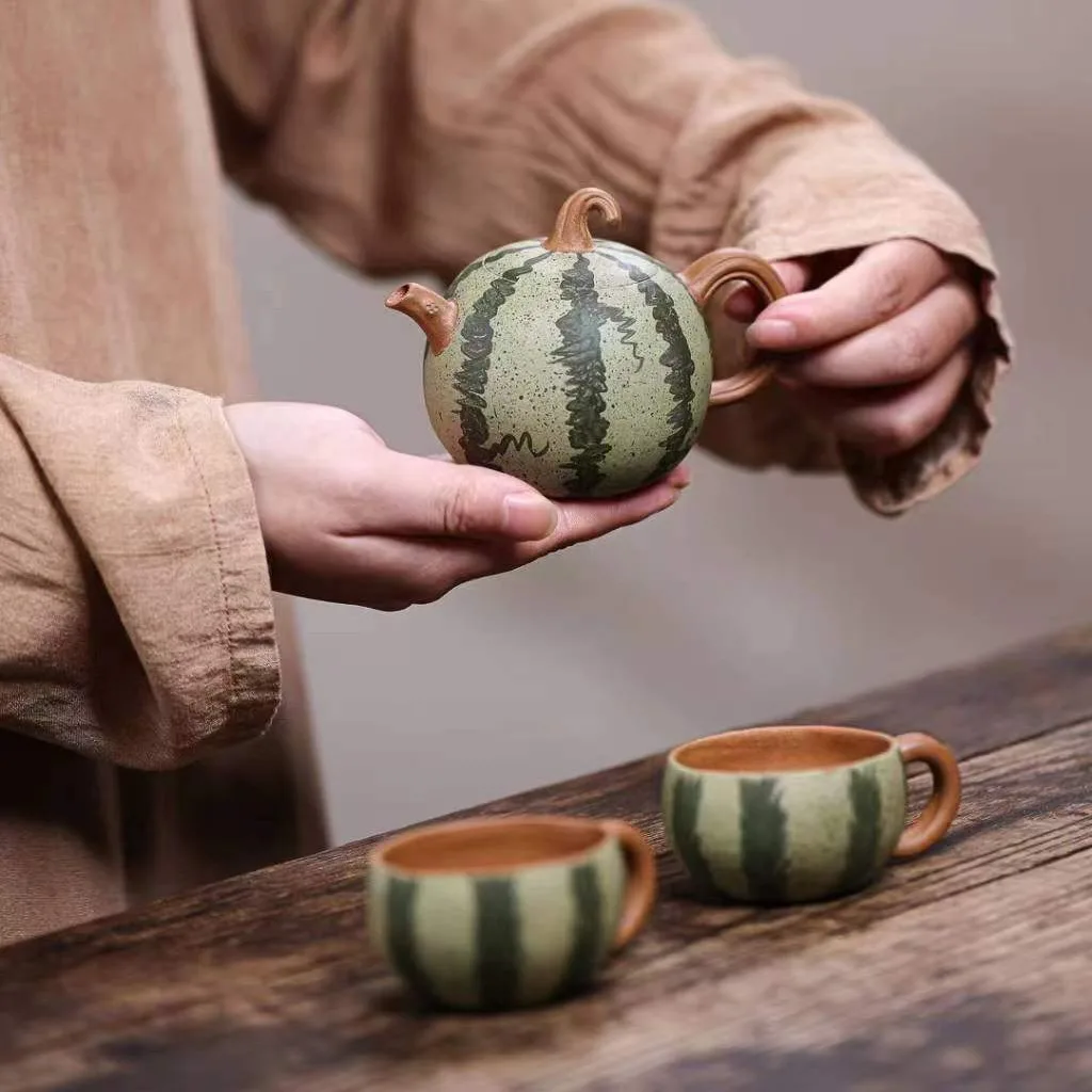 Yixing Jasaho Zisha Clay Teapot Pure Handmade Bionic Device Segment Mud Watermelon Pot Egg-Shell Porcelain Tea Set Purple