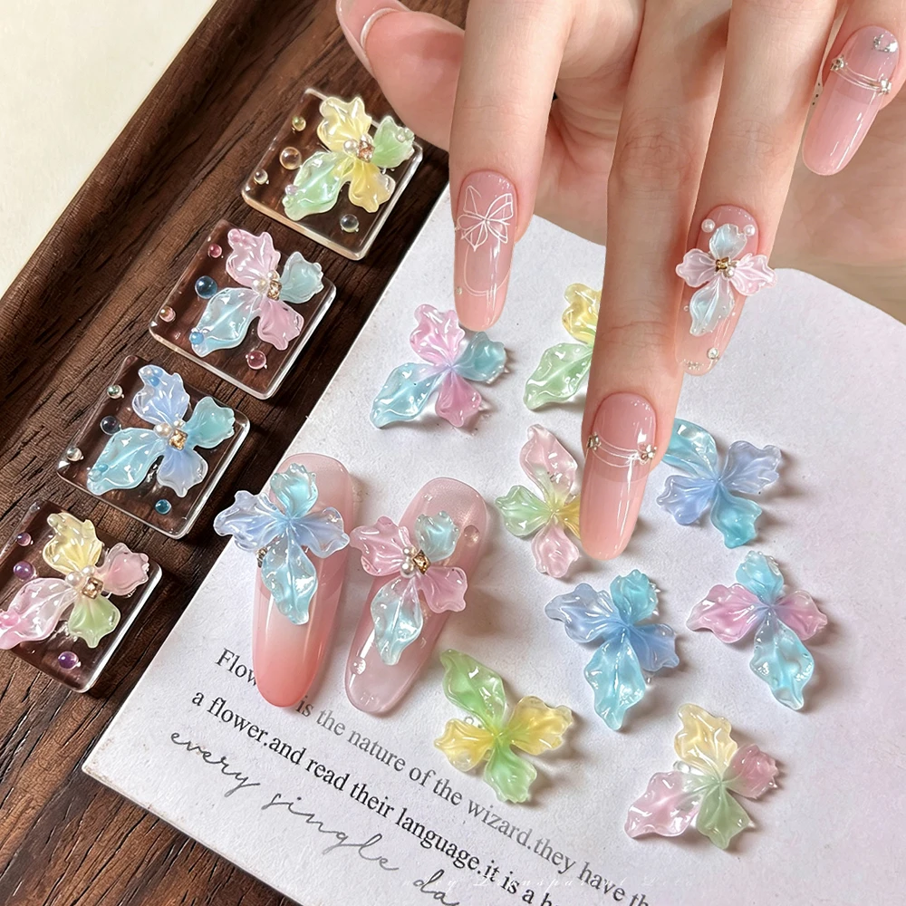 20Pcs 3D Mini Candy Color Lily Resin Nail Charms Transparent Gradient 4-Petal Soft Carving Flower Nail Decorations Nail Supplies