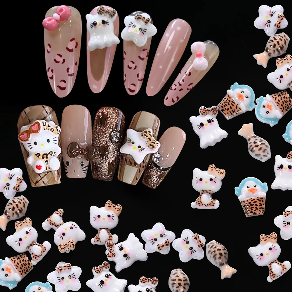 6/9 กริด/กล่องผสม 3D เสือดาว Hello Kitty เล็บ Charms Kawaii Love-heart Kitty Cat Nail Art Flatback เรซิ่น KT แมวเล็บอะไหล่ &*