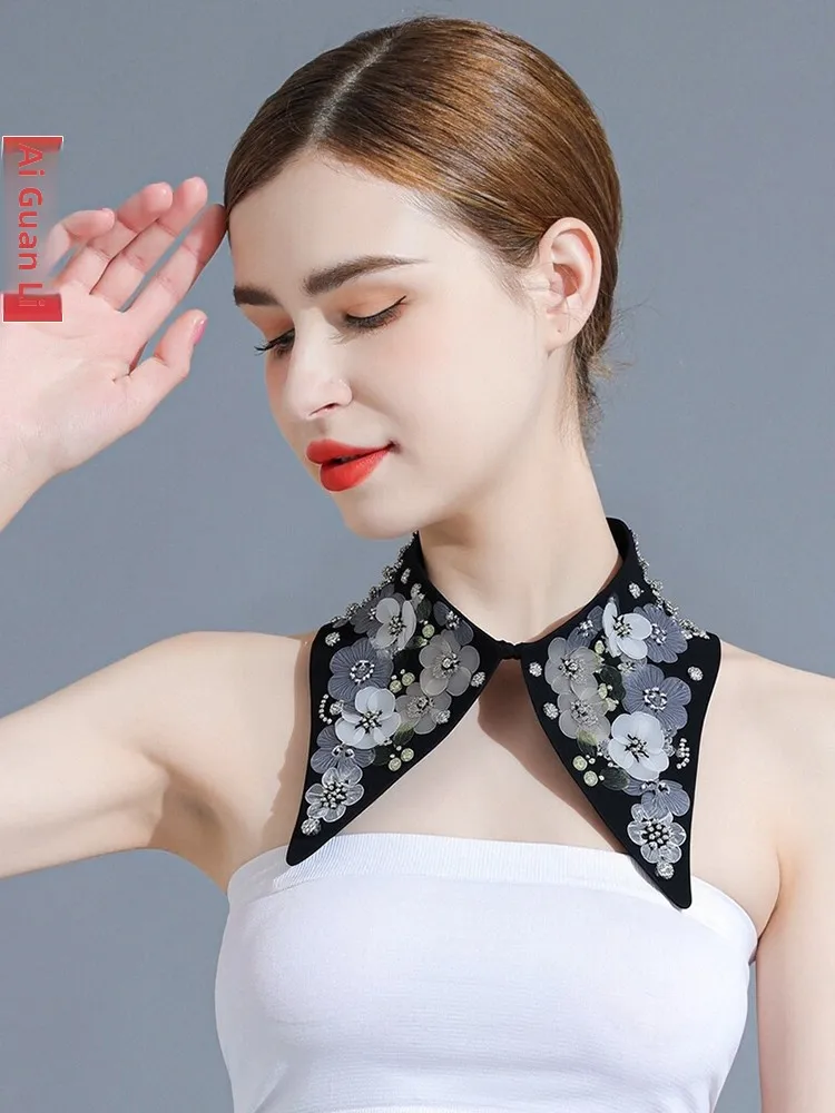 装飾的なパールスタッズ付きヘビーカラー女性用ファッショナブルなシャープポイントフェイク襟カジュアルスリーブ人工ネティ