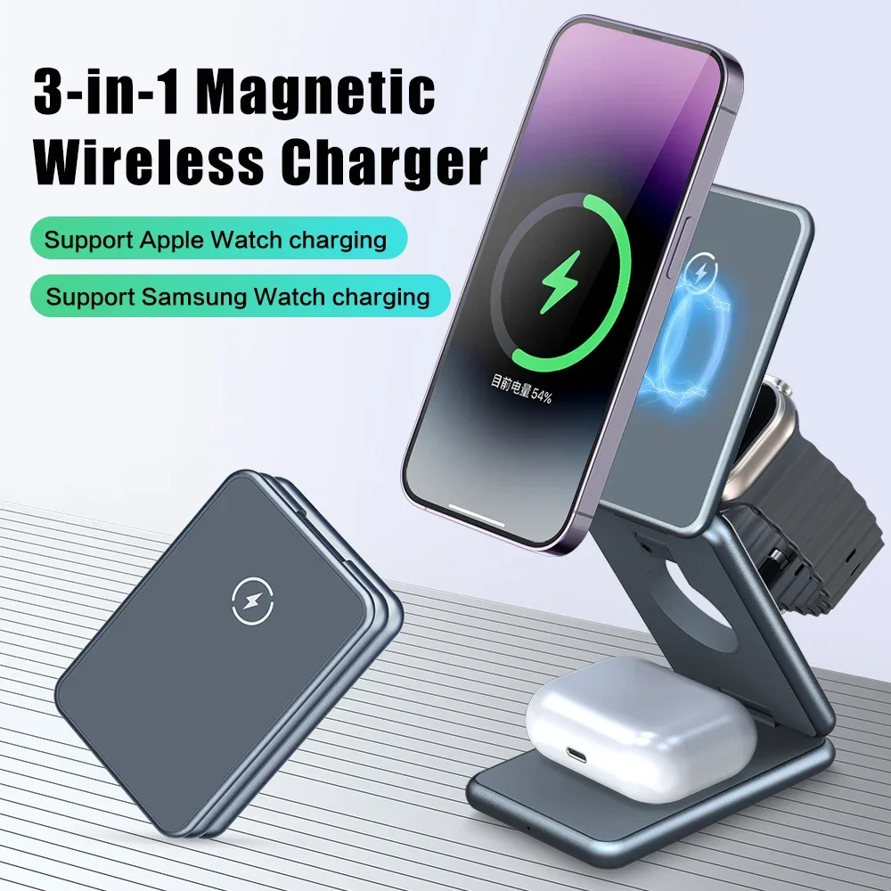 Caricabatterie Wireless magnetico da 30W 3 in 1 supporto pieghevole per iPhone 15 14 13 12 Pro iWatch Samsung Galaxy Watch stazione di ricarica