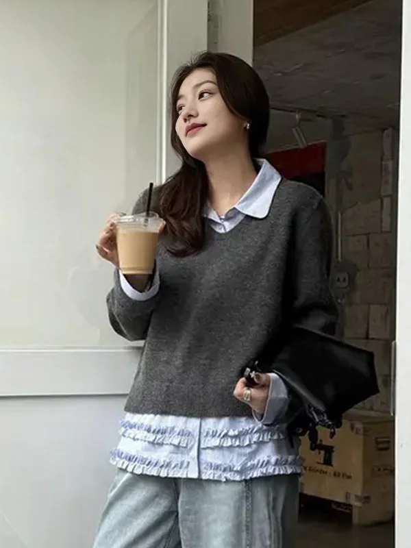ゆったりとした女性用カレッジスタイルのスリーブ付きトップス、ウッド風のフリルカラー、体型カバー効果のあるスリムフィット、プラスサイズの女の子向け