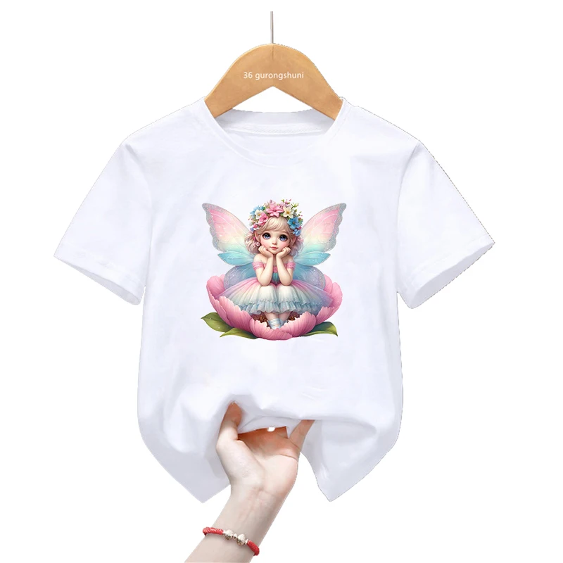 Aquarela Fada Meditação Impresso T-Shirt para Meninas, Lindas Roupas Infantis, Harajuku, Roupas Infantis Kawaii