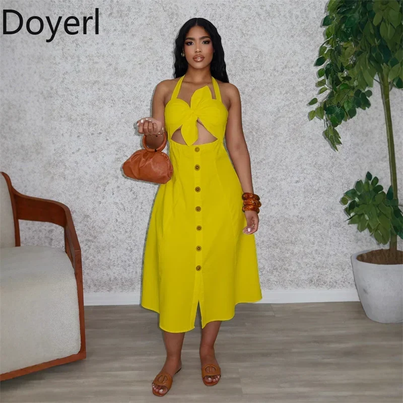 

Doyerl Halter Backless Maxi Dresses Women Summer Sleeveless Hollow Out Bow Single-breasted Holiday Club Party Long Dress Vestido