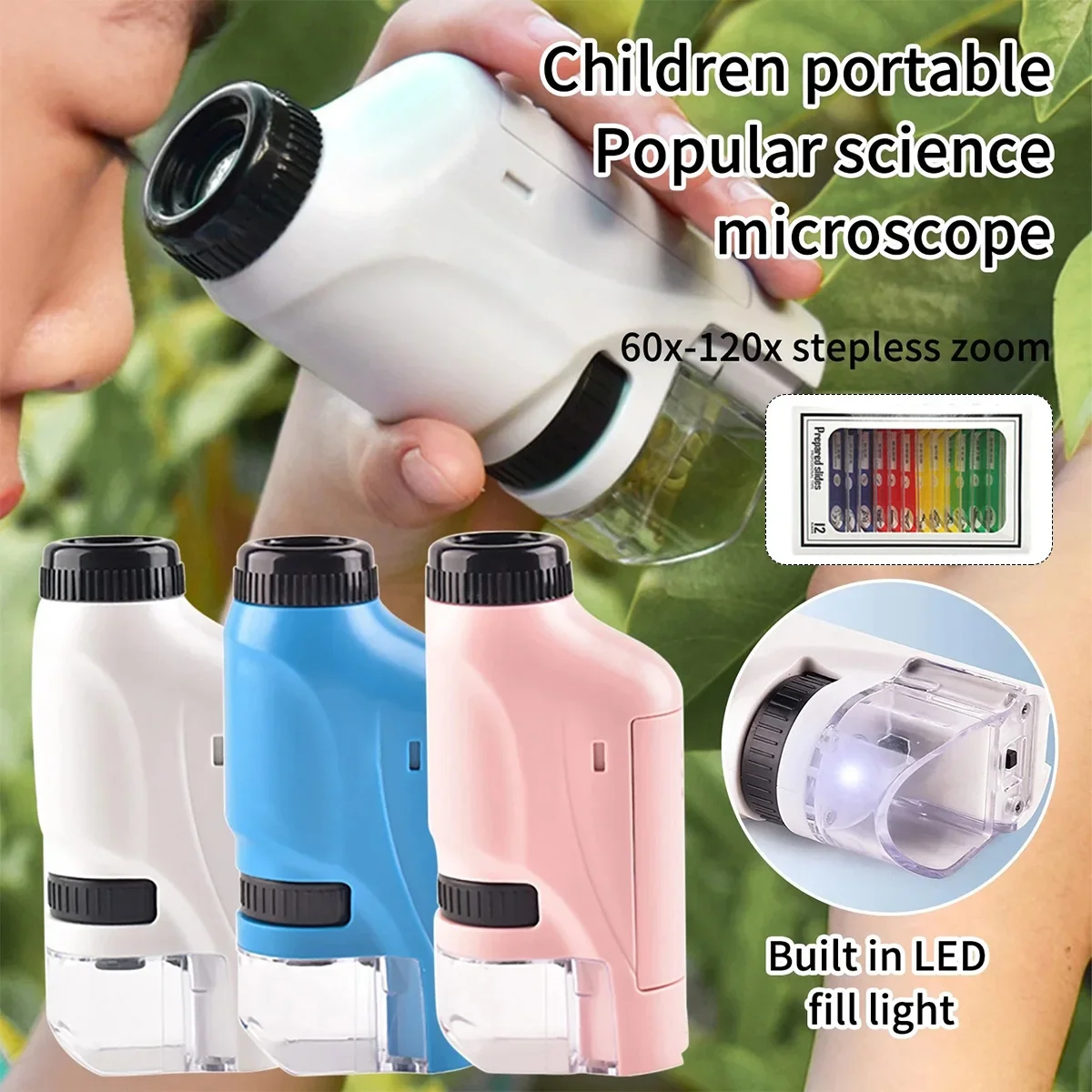 Mini Handheld Microscope Kit 60-120x Pocket Microscope With LED Light Home School Biological Science Educational Toys for kid