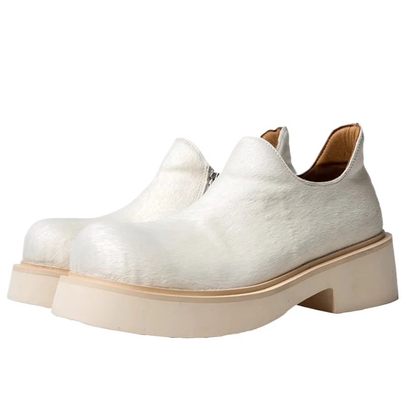 

England White Horsehair Derby Shoes for Men's Side Zipper Design's Comfortable Breathable Casual Thick Platform Increasing Shoes