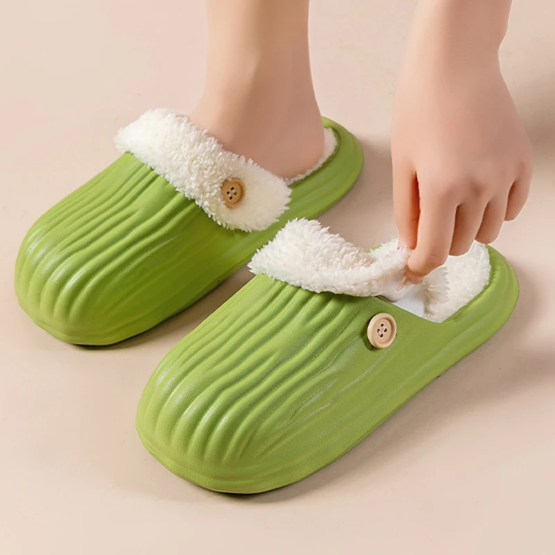 Women's Furry Fur Slippers Winter Removable Fleece Lining Non Slip Waterproof Slippers Couple Plus Size 45 Soft Sole Warm Shoes