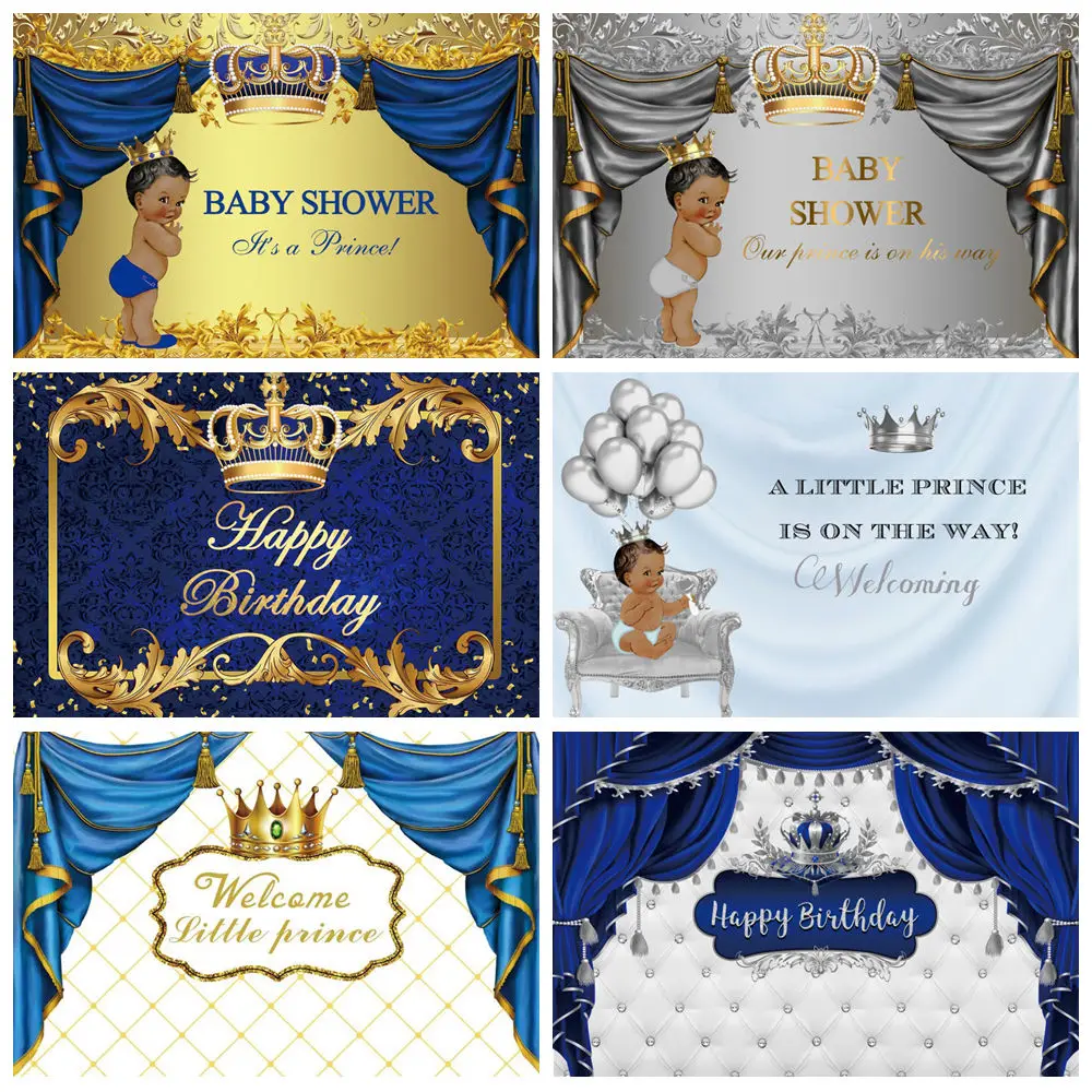 

Newborn Baby Shower Birthday Party Backdrop for Photography Princess Girl Prince Boy Gold Crown Custom Photo Background Banner