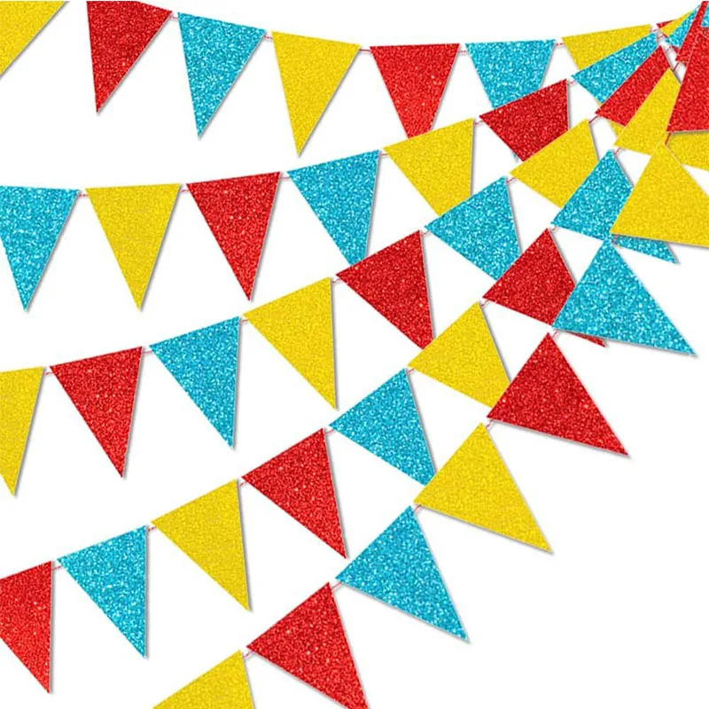 

Carnival Theme Party Banner Decorations Yellow Blue Red Glitter Paper Pennant Triangle Bunting Flags for Baby Shower Home Decor